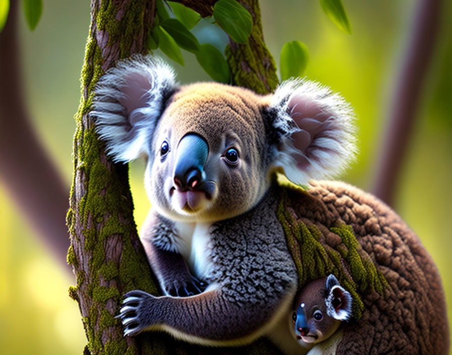 Grey parent koala and baby on tree branch in vibrant green setting