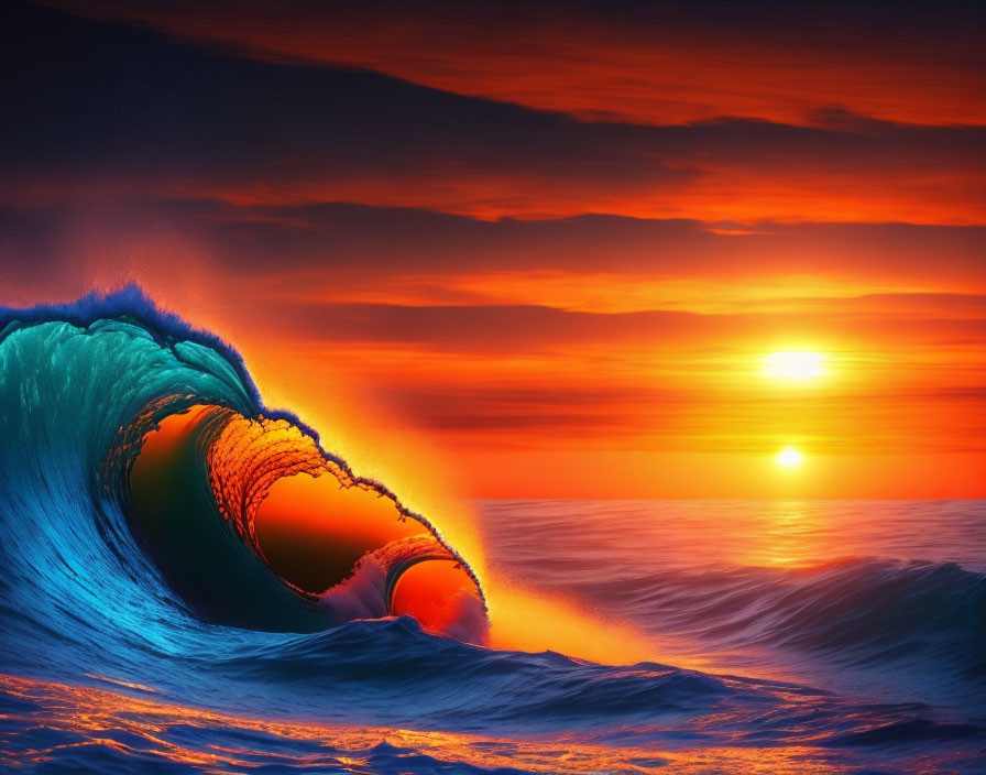 Vibrant ocean wave under dramatic sunset hues