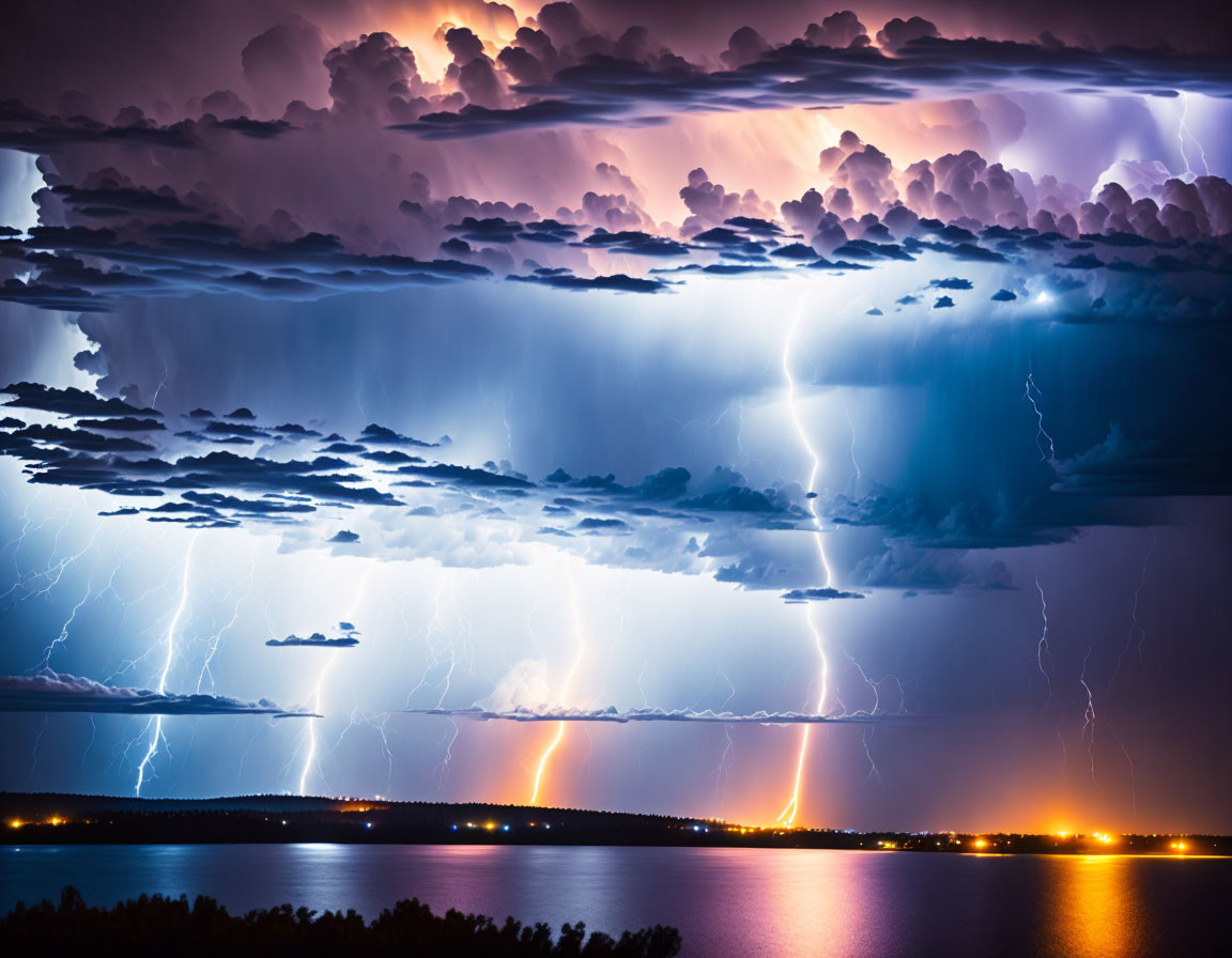 Intense Thunderstorm with Lightning Strikes Over Water