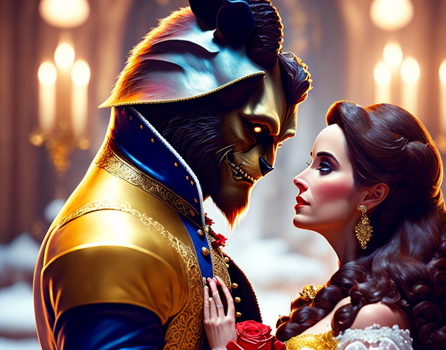 Regal beauty and beast in tender moment in opulent ballroom