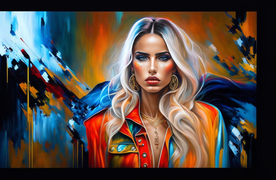 Blonde woman with blue eyes in orange jacket on abstract background