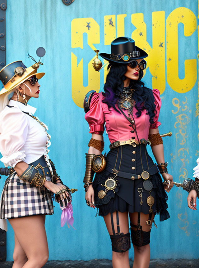 Colorful Steampunk Outfits on Two Women Against Graffiti Wall