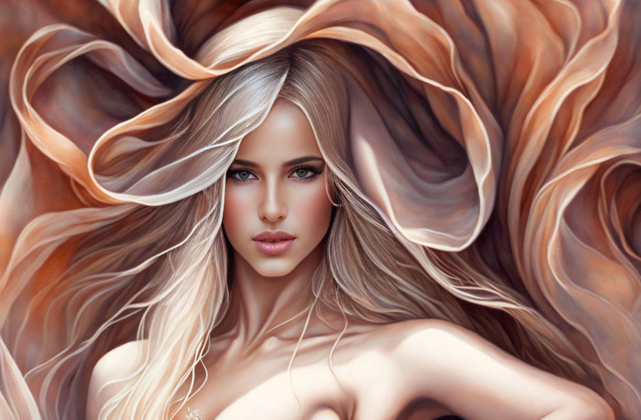 Digital Art Portrait of Woman: Brown & Blonde Hair, Blue Eyes