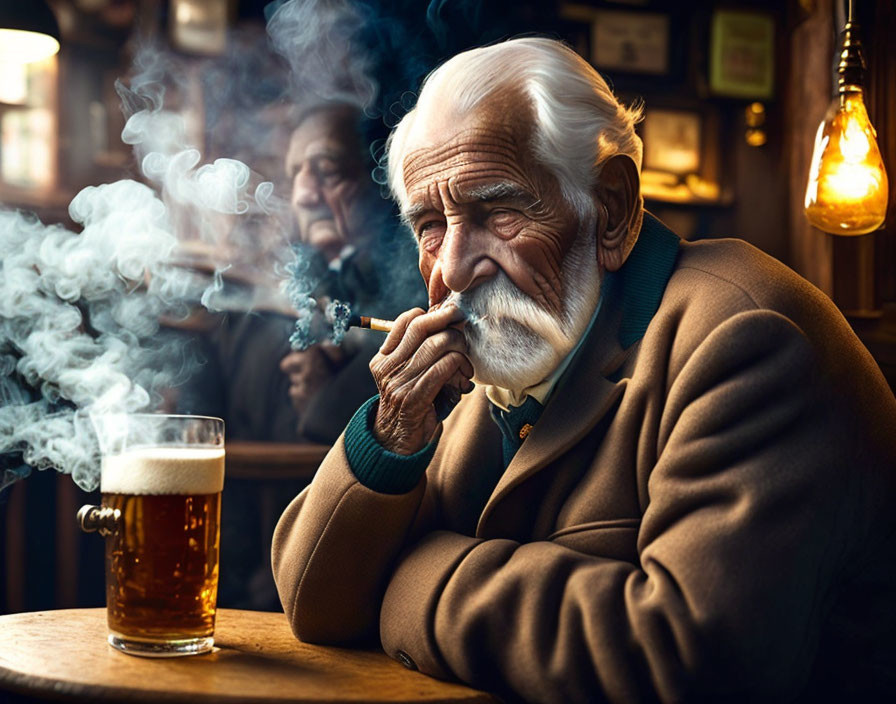 Elderly man with white beard smoking cigar in dimly lit pub