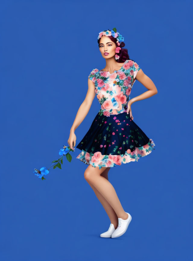 Woman in floral dress with flower crown holding blue flowers against blue background