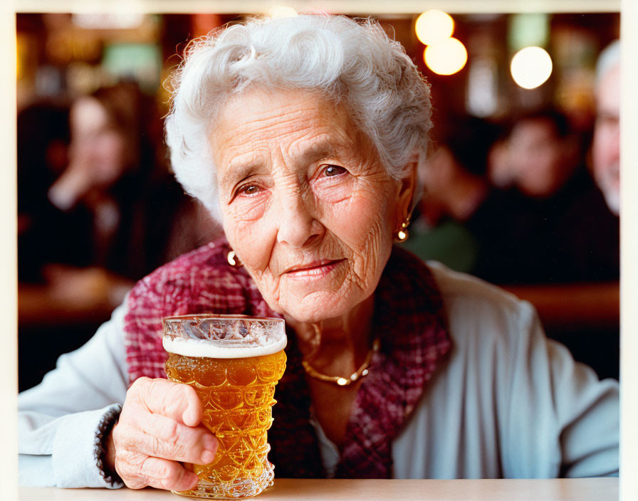 White-haired elderly woman smiling with beer in pub setting