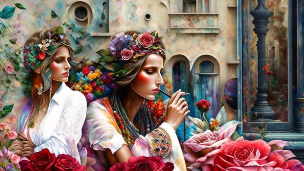 Colorful surreal art featuring two women in floral headdresses amidst vibrant patterns.