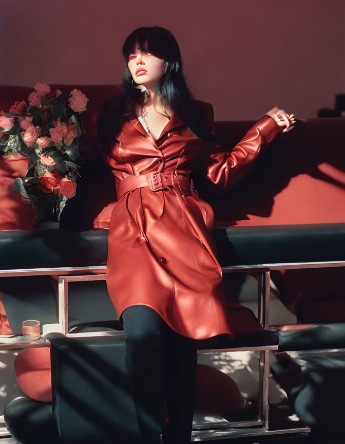 Woman in Red Leather Dress Poses on Chrome Bench in Elegant Setting