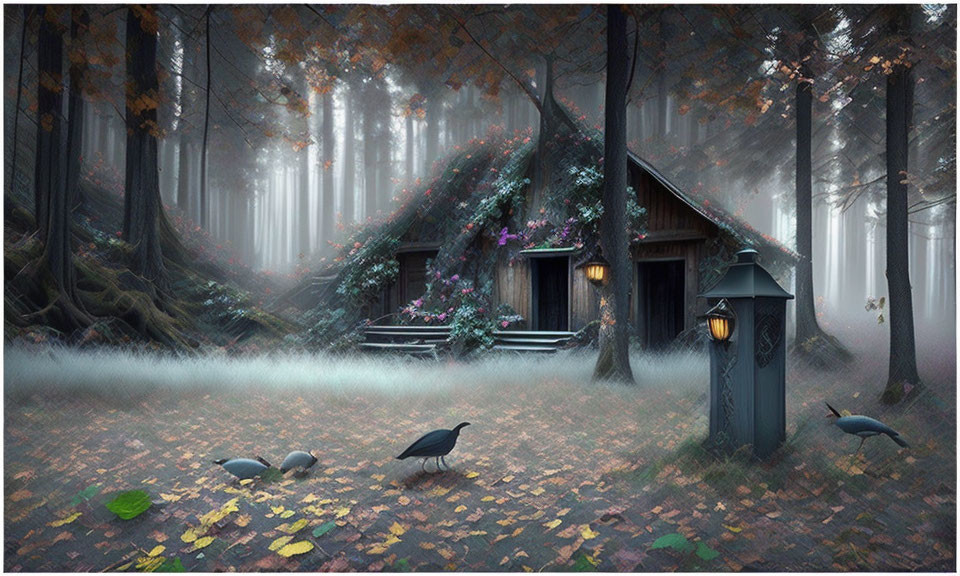 Enchanting cottage in mystical forest with fog, colorful leaves, and birds.