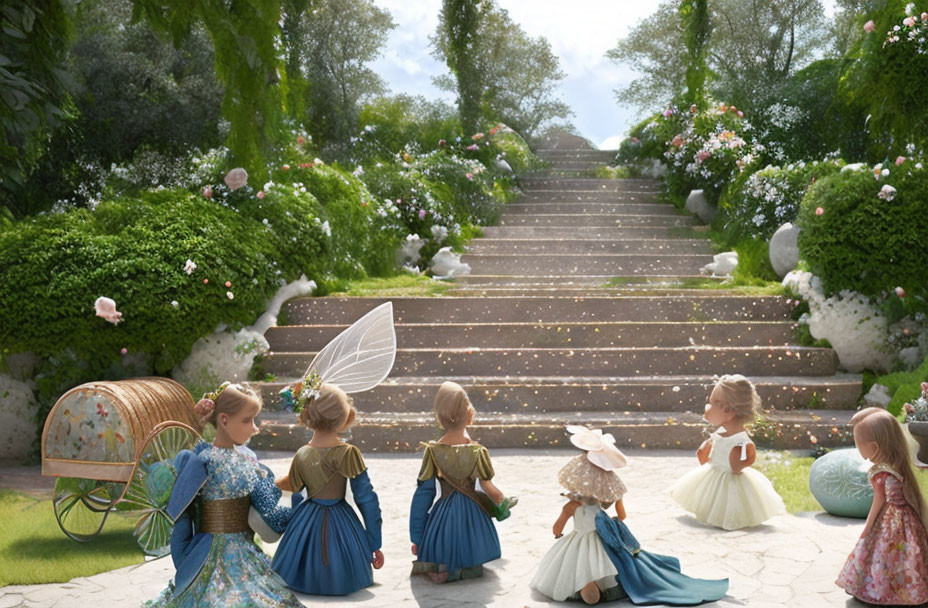 Young girls in fairy costumes in enchanting garden setting with flower-decked staircase, sparkling lights,