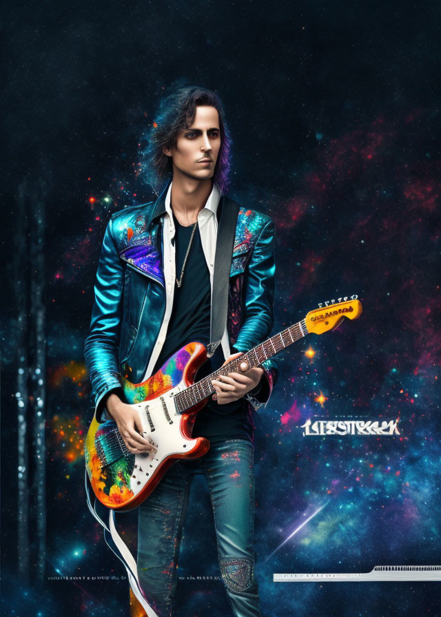 Dark-Haired Person in Metallic Jacket Holds Electric Guitar on Cosmic Background