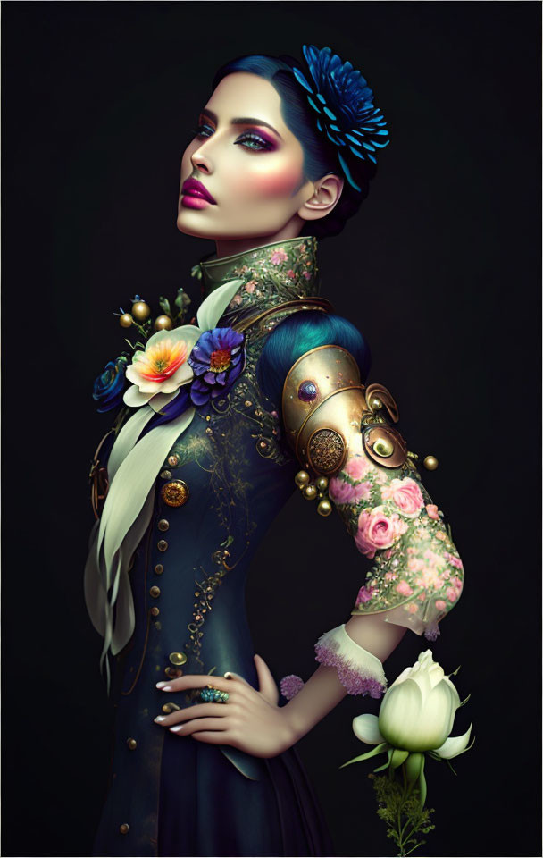 Vibrant makeup woman with ornate floral prosthetic arm on dark background