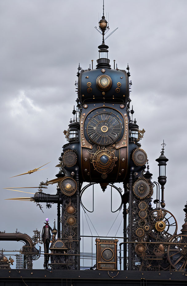 Steampunk clock tower with gears and metalwork against cloudy sky