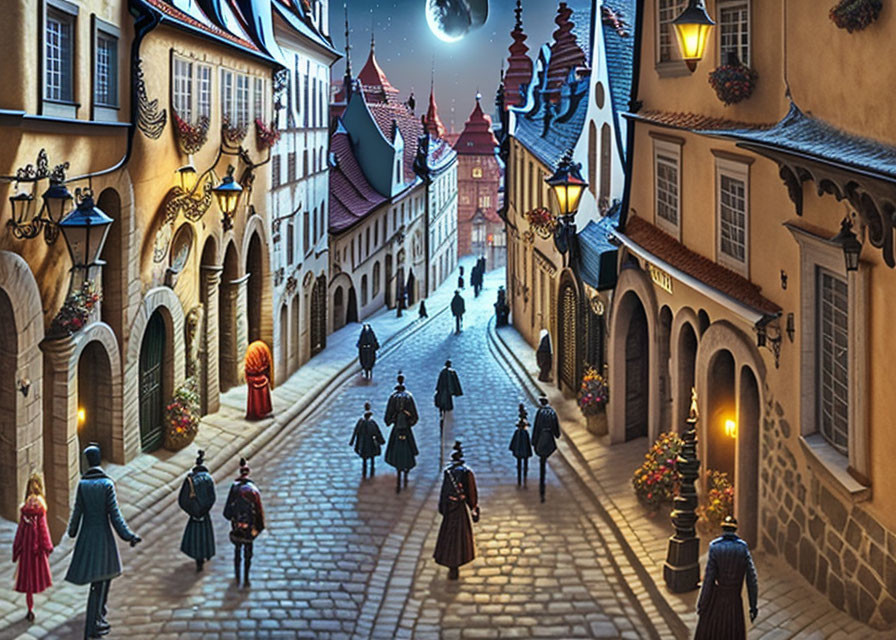 Historic European cobblestone street at twilight