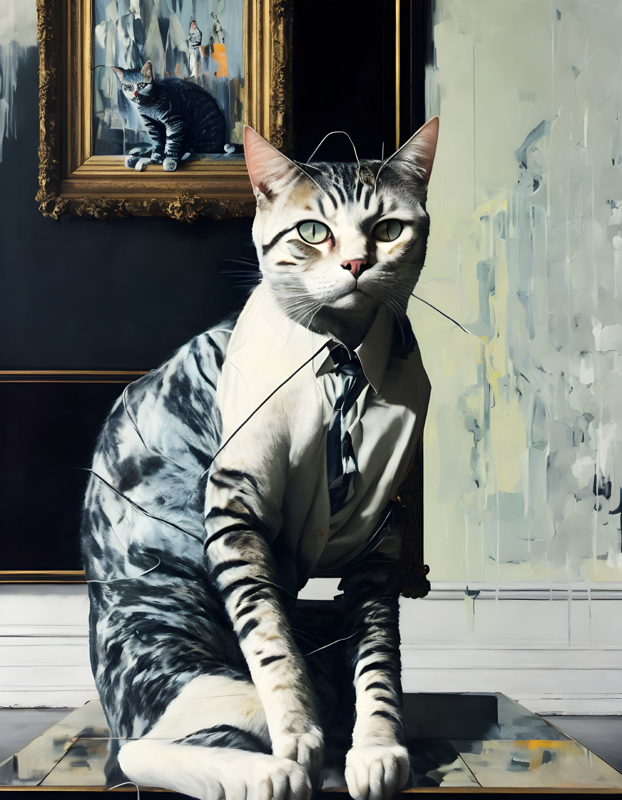 Surreal painting featuring tabby cat in suit sitting upright