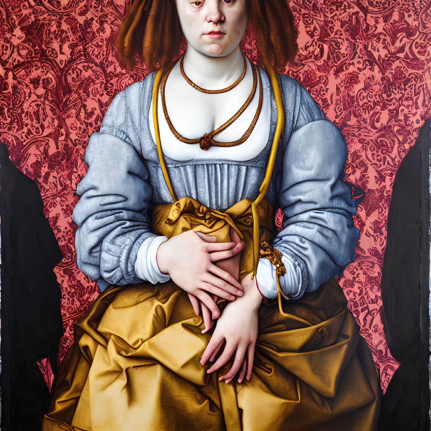 Renaissance-style painting of woman in white blouse, blue sleeves, gold skirt on red background