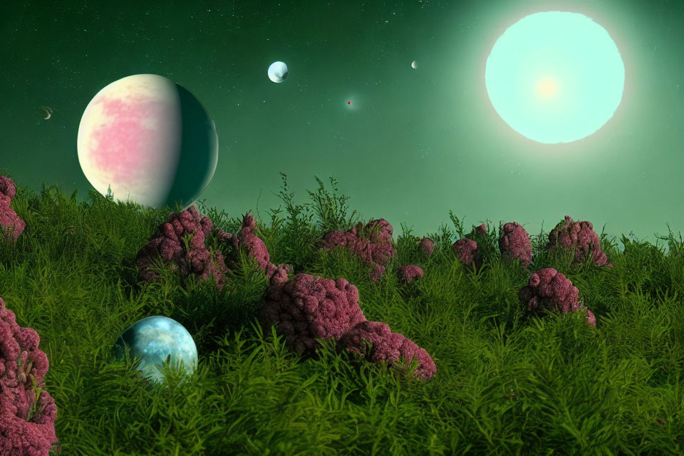 Fantasy landscape with green grass, pink coral formations, moons, planets, and bright sun