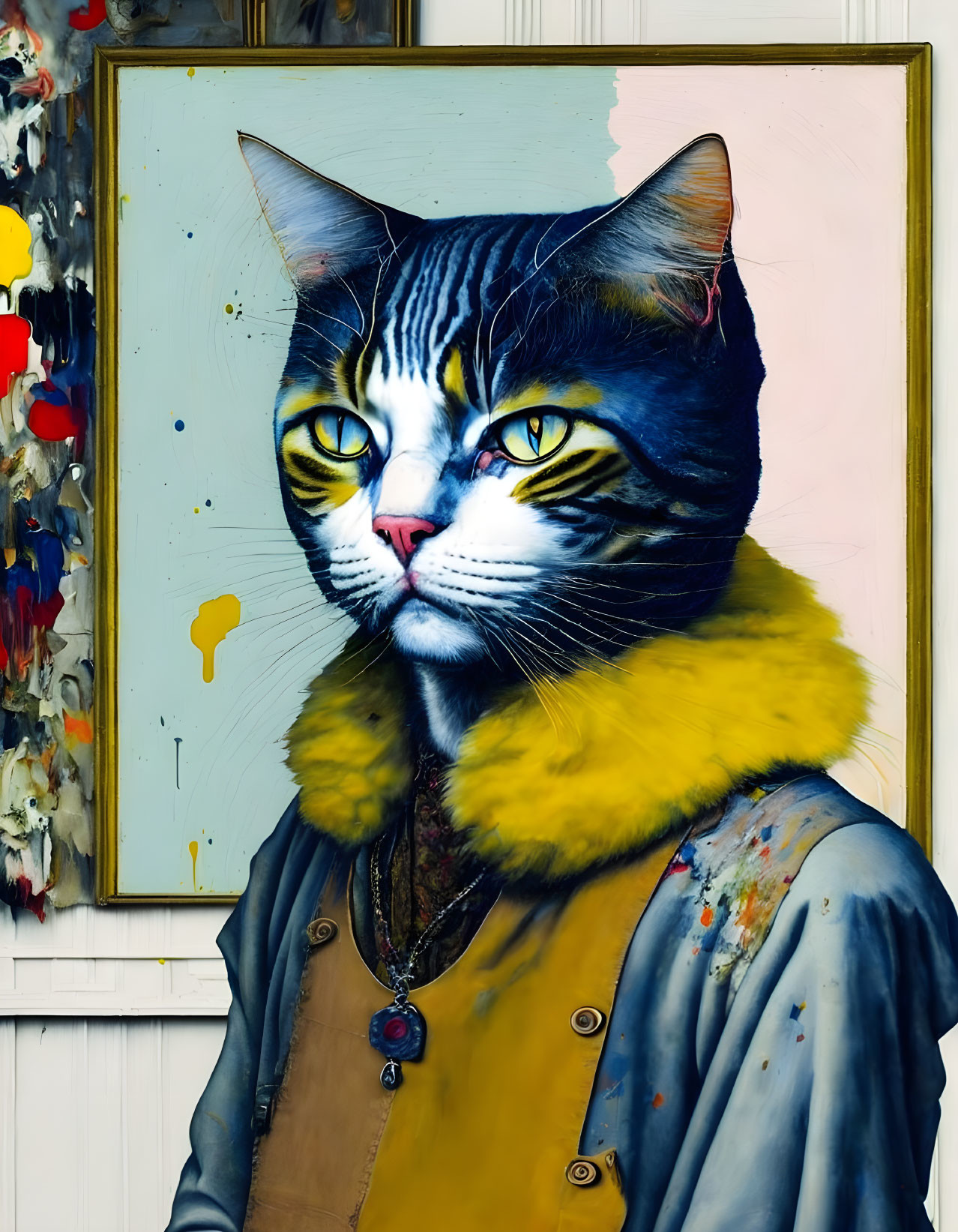 Colorful surreal portrait of a cat in human attire on a painter's palette.