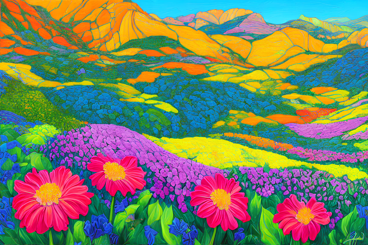 Colorful Flower Landscape Painting with Hills and Mountains