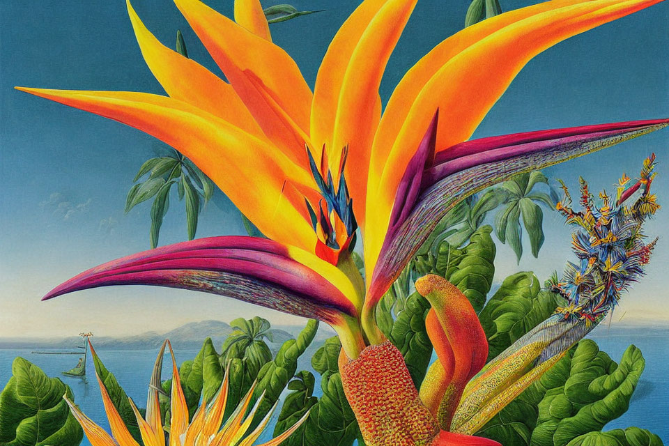 Colorful Bird of Paradise Flower Illustration with Tropical Foliage