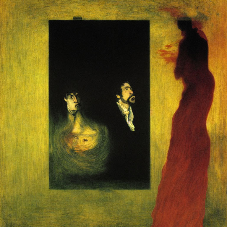 Distorted faces on dark canvas in golden space with red figure