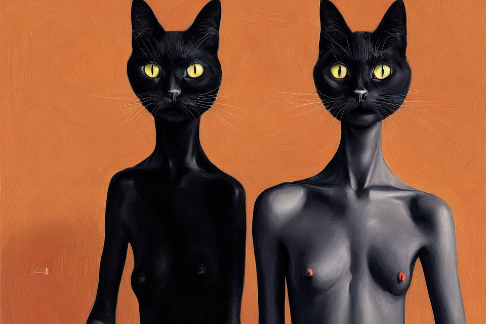 Anthropomorphic black cats with yellow eyes on orange background