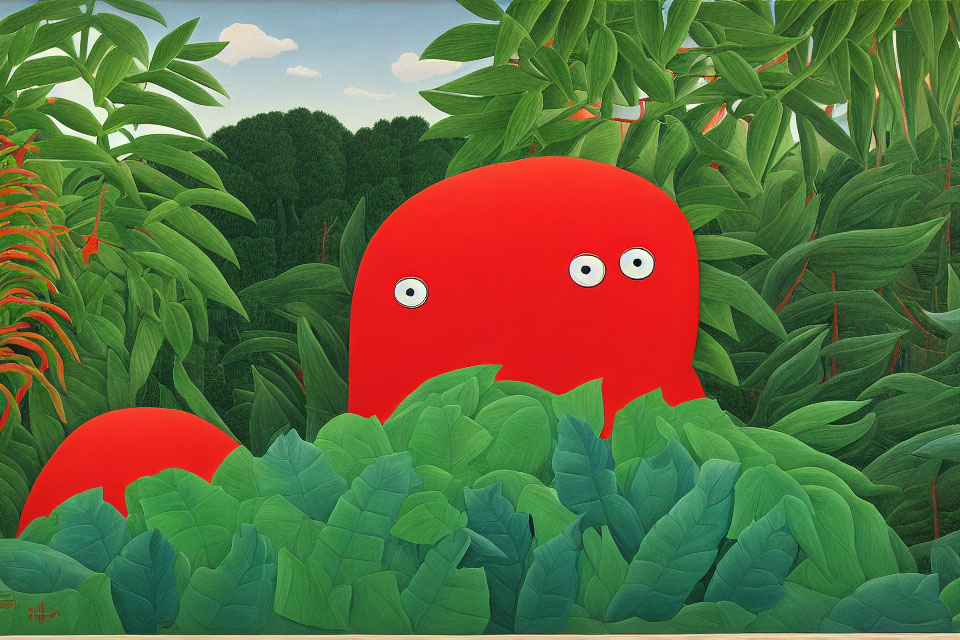 Colorful Cartoon Creature Peeking from Green Foliage