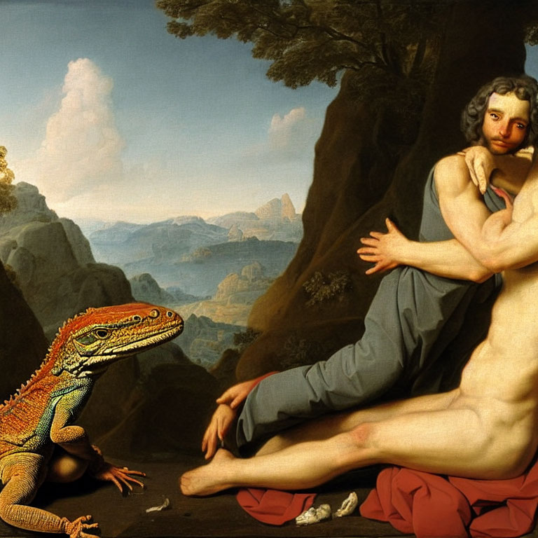 Reclining man and iguana in colorful classic painting remix