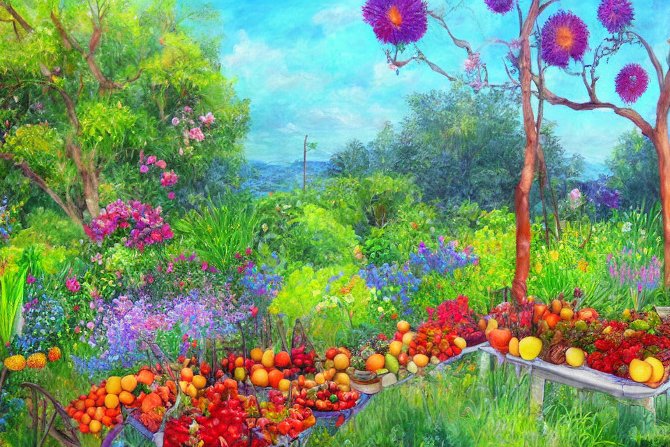 Colorful Garden Painting with Fresh Fruits and Lush Greenery