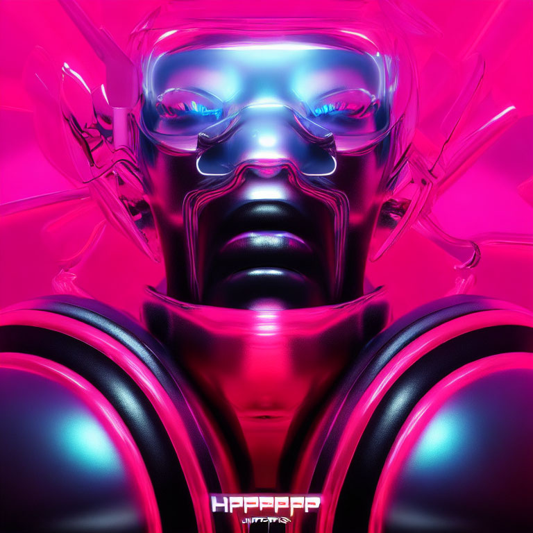 Futuristic armored figure with reflective helmet and neon pink lighting