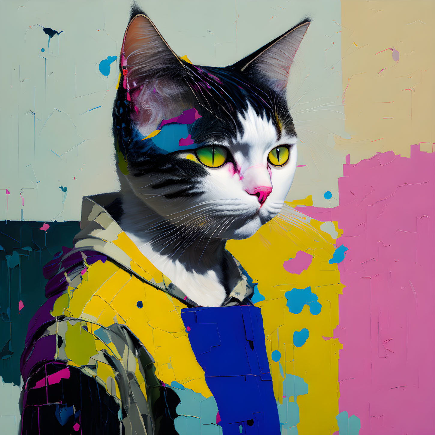 Cat with human body in modern outfit on vibrant abstract background