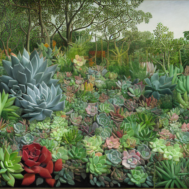 Vibrant succulent garden with rich textures and colors against dense trees