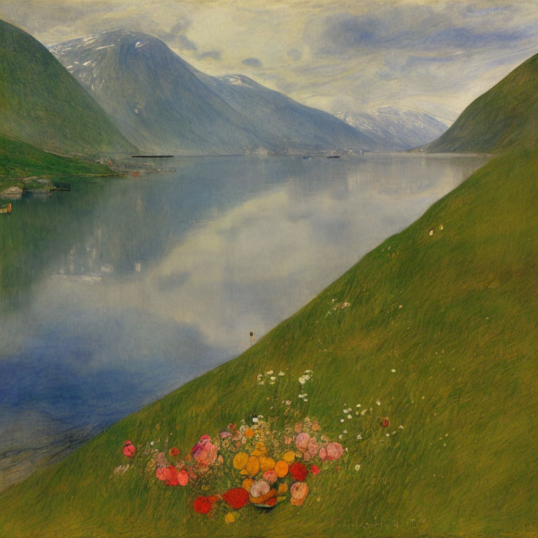 Tranquil landscape with fjord, green hills, mountains, and vibrant flowers