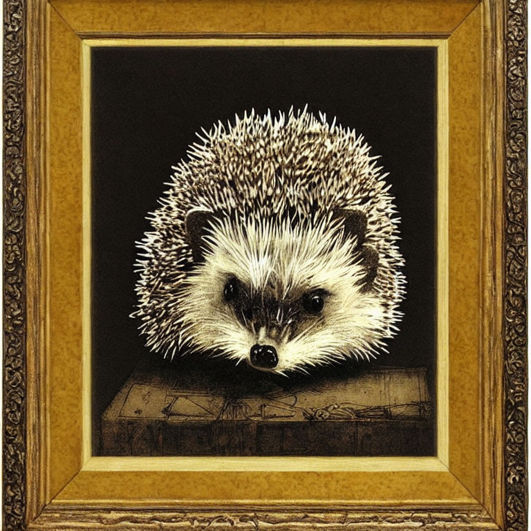 Illustrated hedgehog on book in golden frame on black background