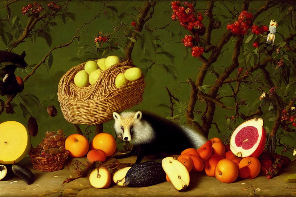 Detailed still life painting with apples, fruits, badger, and foliage