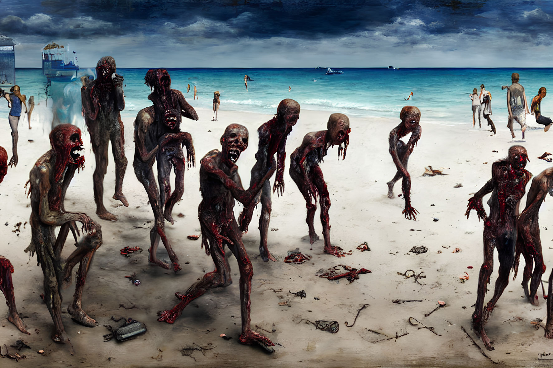 Grotesque zombie-like figures on beach among beachgoers