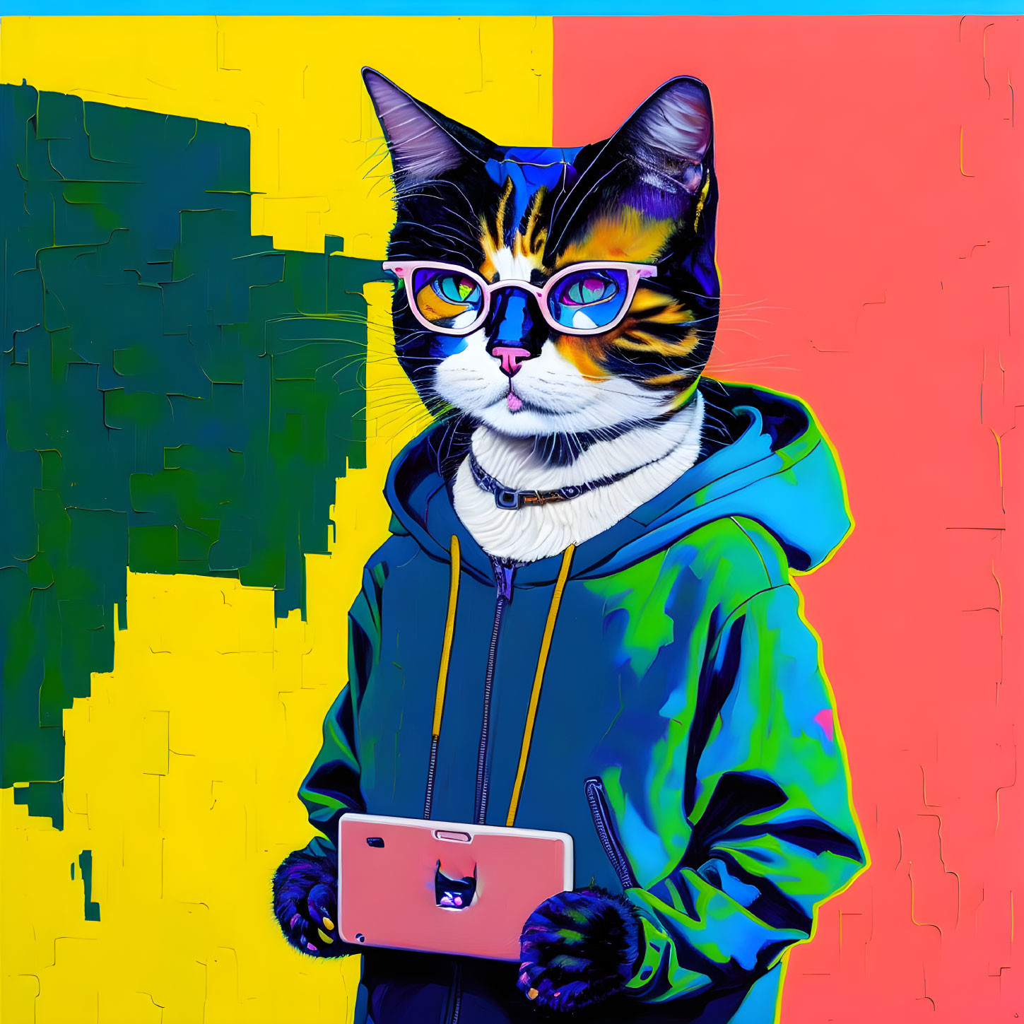 Cat in Glasses and Hoodie with Smartphone on Abstract Background