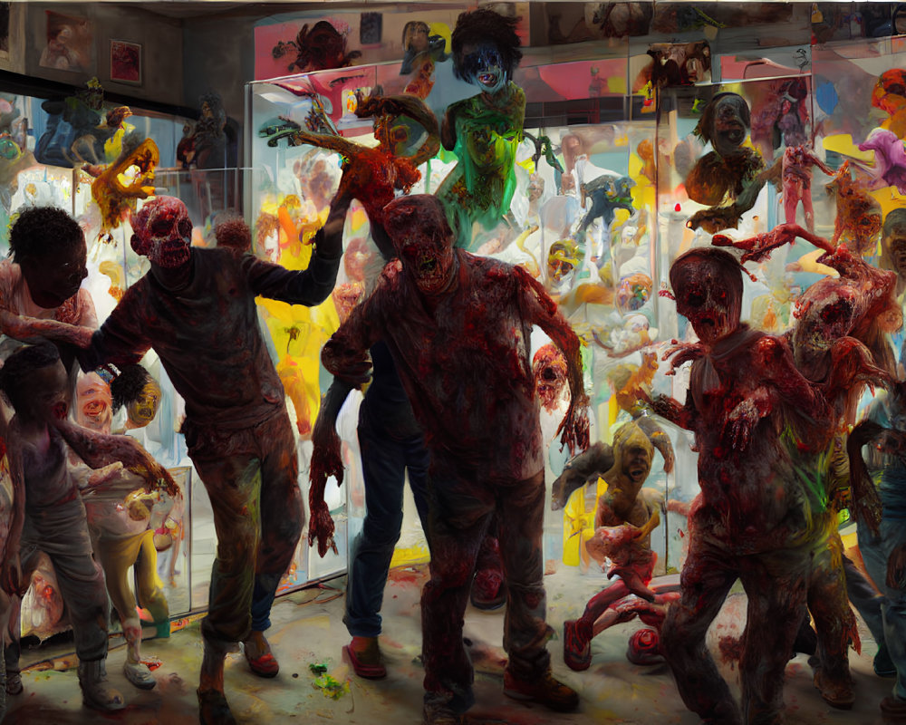 Colorful individuals covered in paint in chaotic scene