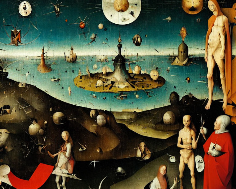 Surreal painting of celestial spheres, ships, and paradoxical figures