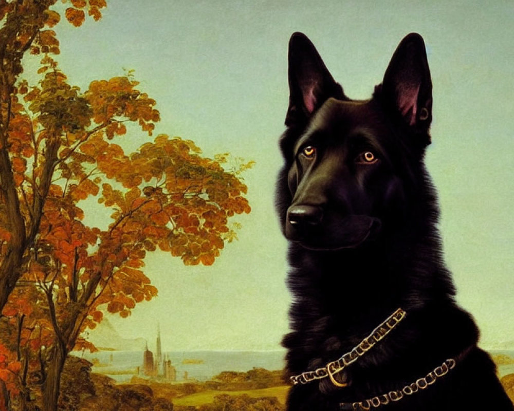 Black German Shepherd with shiny coat in front of autumn landscape