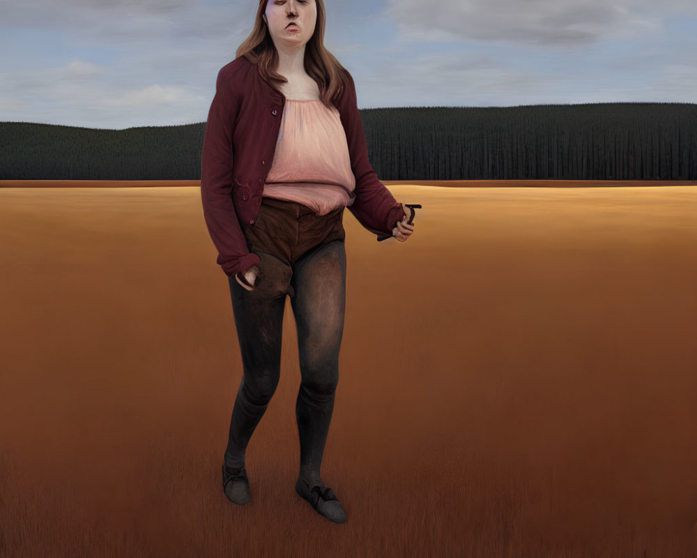 Pensive woman in maroon jacket in barren field