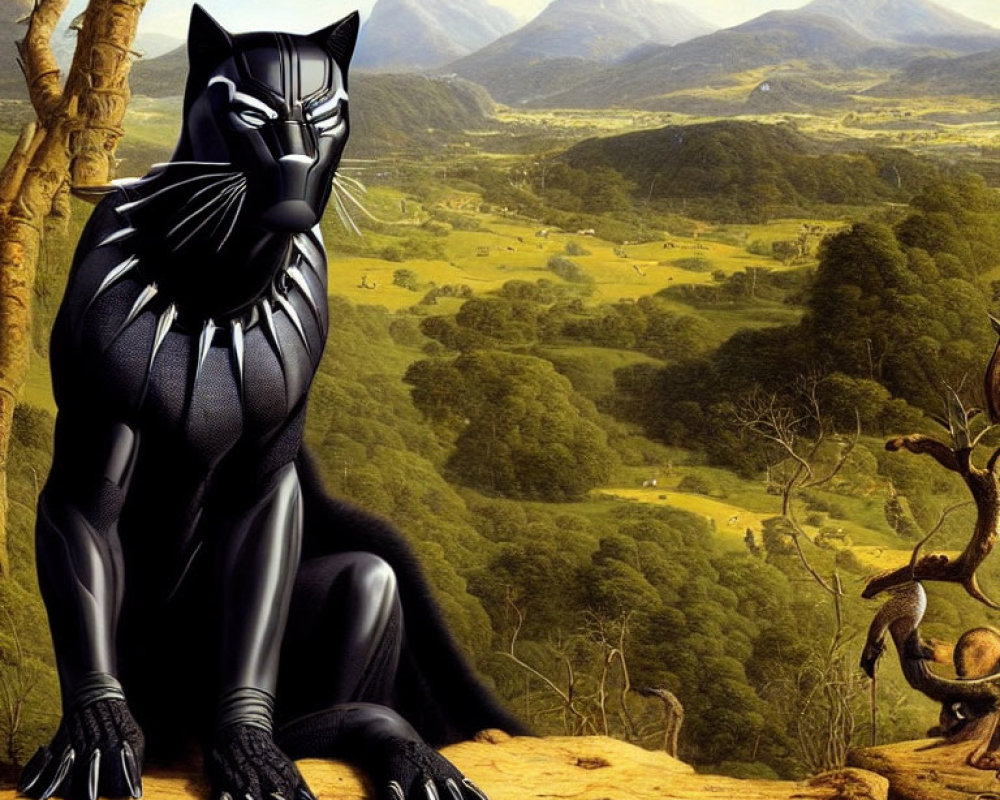 Black Panther Superhero Statue on Cliff with Mountain Landscape