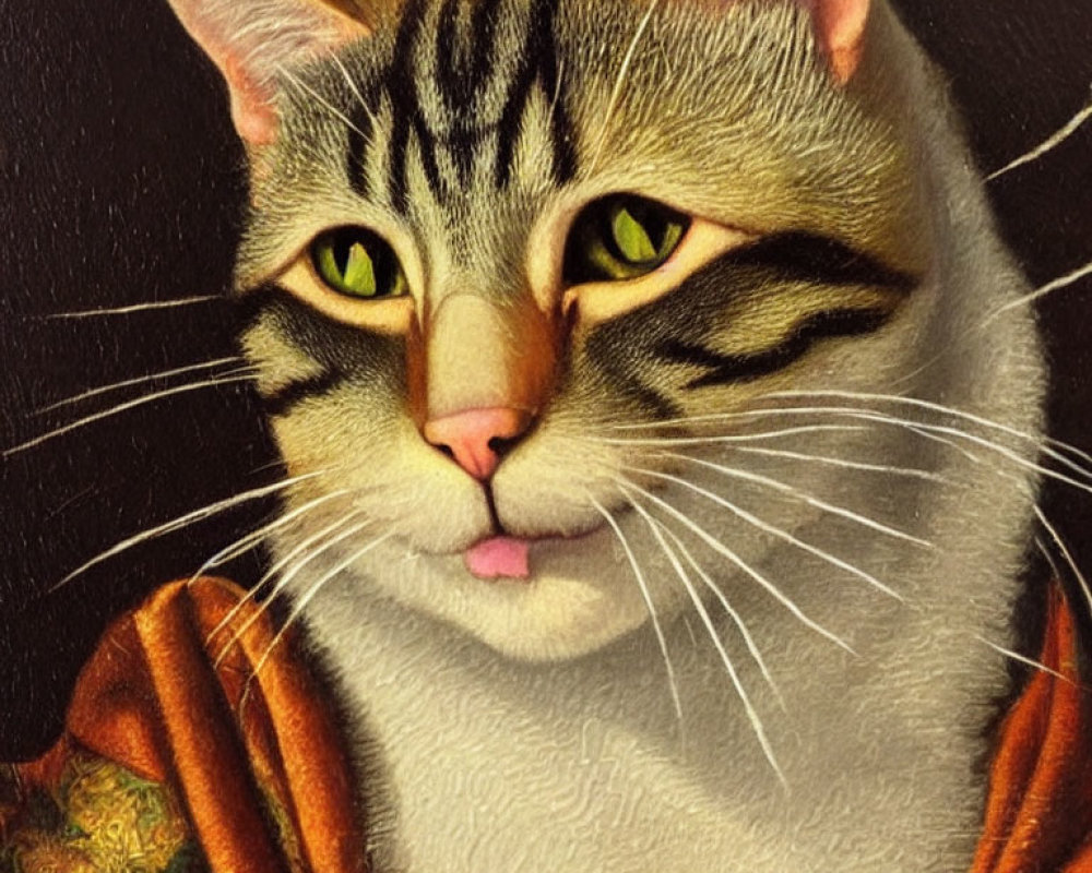 Regal cat painting with green eyes and pink tongue