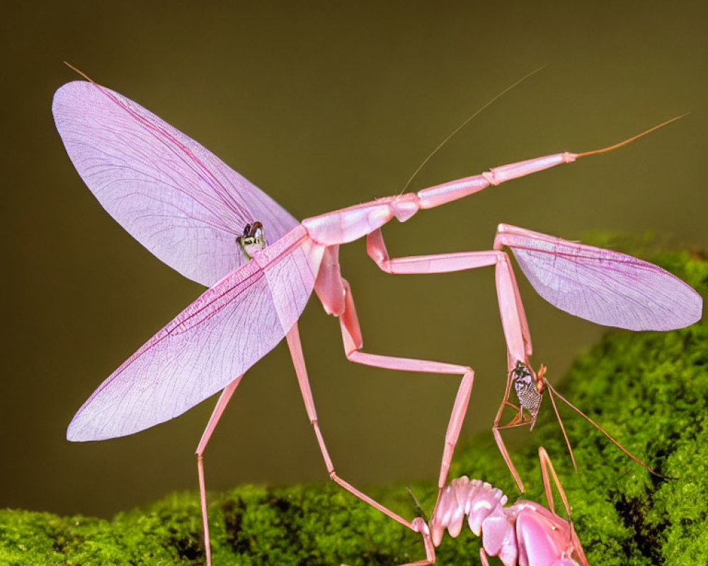 Pink mantis with translucent wings on green moss with tiny ant underneath wing