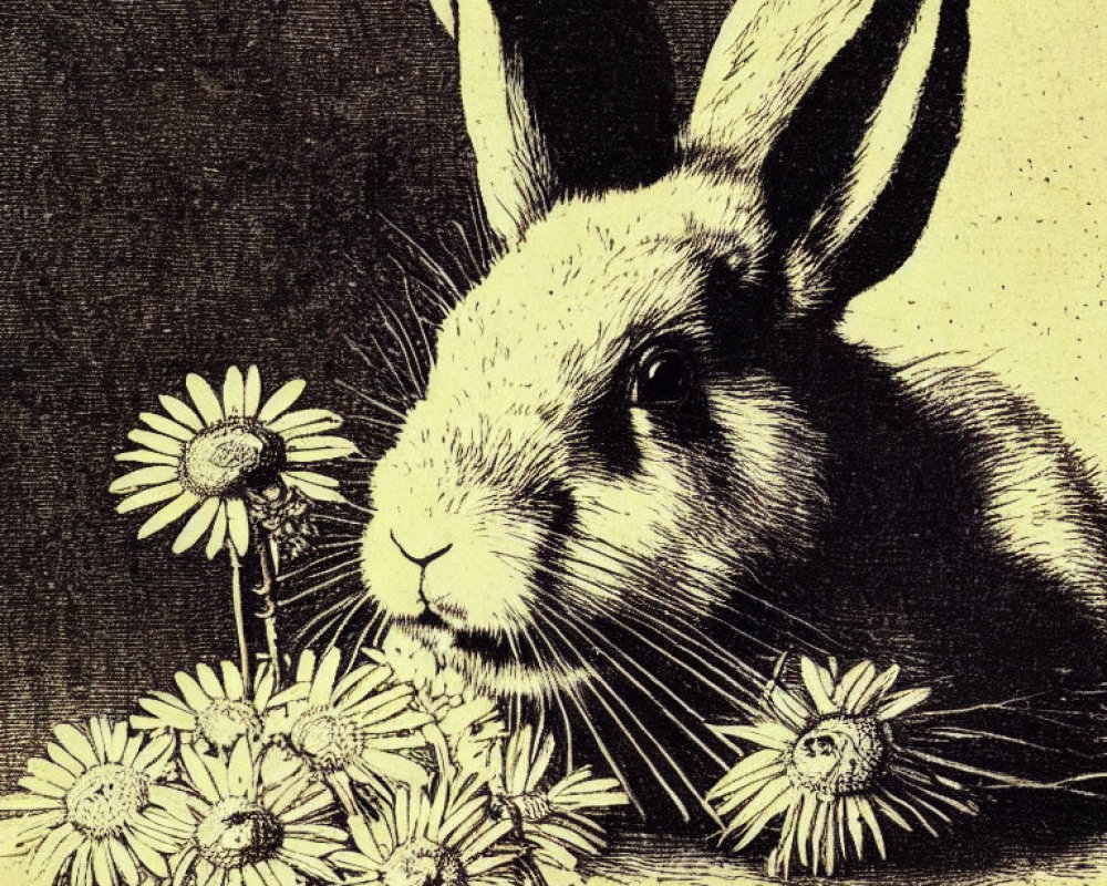 Vintage-style illustration: Rabbit with long ears sniffing daisies