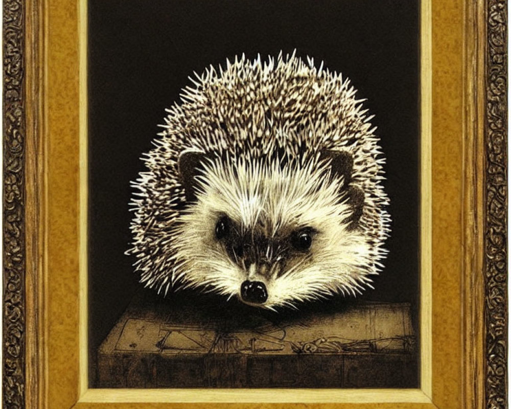 Illustrated hedgehog on book in golden frame on black background