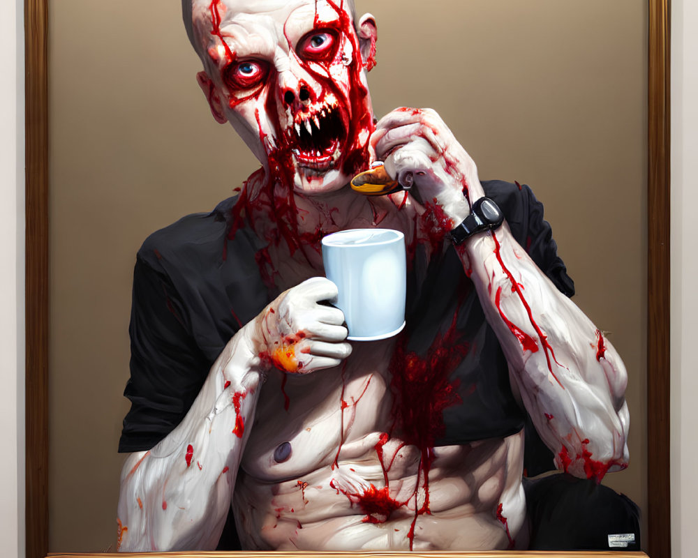 Black-shirted zombie-like creature with spoon and mug, surrounded by bloodstains