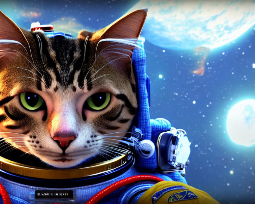 Serious Cat in Astronaut Suit with Space Background