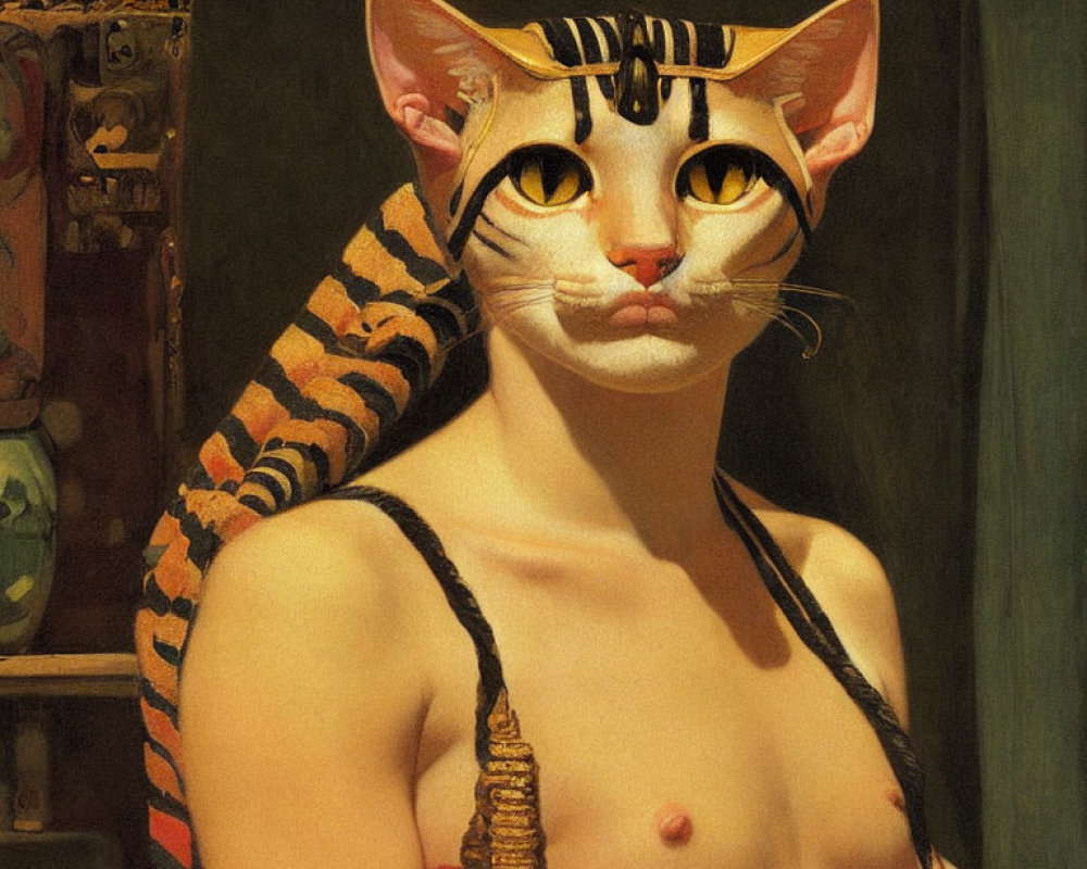 Surreal painting: person with cat head in classical portrait style