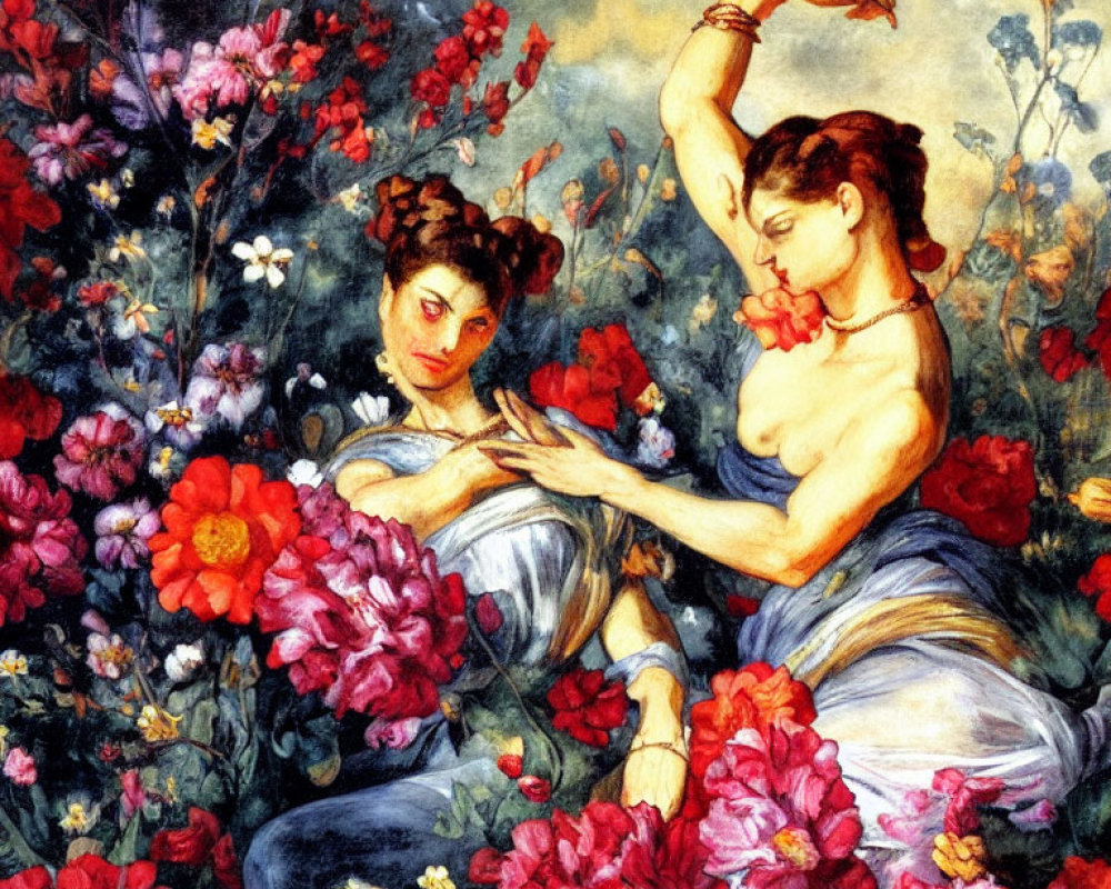 Two Women Surrounded by Vibrant Flowers in Thoughtful Pose